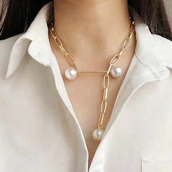Private Label Jewelry - NEW Laurie Gold Link Pearl Lariat Statement Necklace